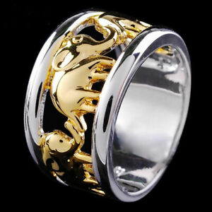 Elegant 925 Sterling Silver Gold New Fashion Jewelry Charms Elephant Ring Size 9
