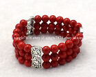 3 Rows 8mm South Sea Red Coral Round Gemstone Beads Elastic Bracelet 7.5