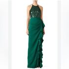 RTR  Badgley MischkaSequin Ruffle Gown sz 6 emerald green racerback prom long
