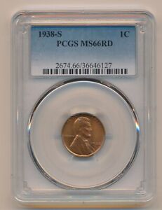 1938-S 1C LINCOLN WHEAT PENNY PCGS MS66RD