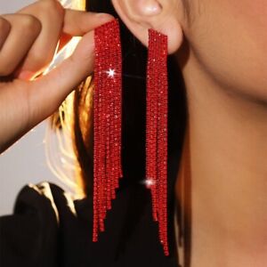 Long Red Dangle Drop Rhinestone Earrings Prom Wedding Pageant Holiday Party