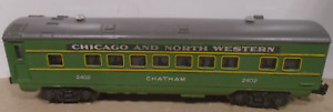 1948-9 VINTAGE LIONEL 2402 O SCALE GREEN CHATHAM PASSENGER CAR RELETTERED TO CNW