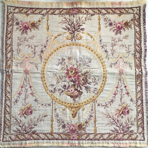 Antique--OLD  French  Tapestry  Pillow Front,  Floral Cartouche, Jacquard, Linen