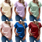 Women Satin Silk Loose T Shirt Tunic Tops Blouse Tee Short Sleeve Plain Blouse