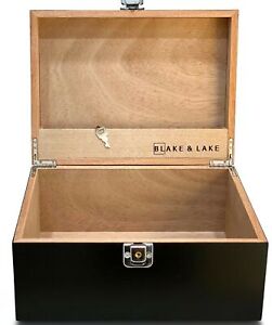 Large Black Wooden Storage and Keepsake Box with Hinged Lid and Lock key jewelry