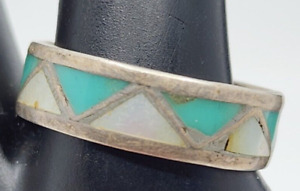 Old Pawn Vintage Native American Sterling Silver Turquoise inlay Ring Size 10.5