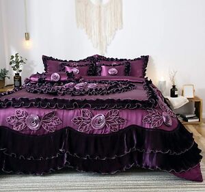 Tache Satin Floral Ruffle Luxury Bedding Purple Midnight Bloom 6pc Comforter Set