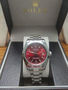 Rolex Oyster Perpetual Date Just Custom Red Dial Smooth Bezel