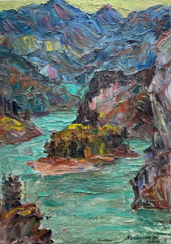 Original Painting Vintage Decor Art River Mountain Nature Artwork Impressionism