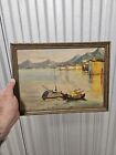 Antique Impressionist Oil Painting Seascape Harbor Boats Mountains Sunrise Ocean