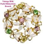 BSK Pastel Rhinestone PINK Brooch Spring Floral Gold Mother of Pearl Pin XL BIG