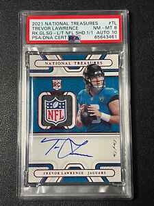 TREVOR LAWRENCE PSA 8 2021 NATIONAL TREASURES ROOKIE GLOVE PATCH AUTO SHIELD 1/1