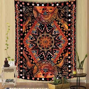 Fowocu Orange Sun and Moon Tapestry Wall Hanging, Indie Hippie Mandala Cool Wall