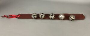 5 Vintage Antique Christmas Sleigh Bells on Leather Strap, Nice Sound