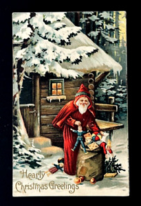 Embossed 1912 Germany Hooded Red Robe Santa Claus & Bag of Toys Postcard