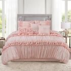 HIG 7 Piece Ruched Pleat Comforter Set White Romantic Bed in a Bag - King/Queen