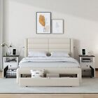 Queen Size Bed with 3 Storage Drawers and Charging Station,Upholstered Beige PU
