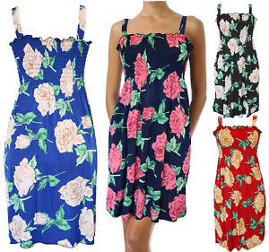 Summer Sundress for Women Big Roses Beach Cover Up Sleeveless Smocked Dress