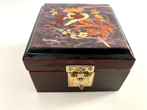 Wood and Brass Chinese Trinket Box Hinged Lid with  Interior Mirror