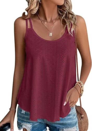 Womens Fashion Tank Tops Eyelet Embroidery Sleeveless Camisole Scoop Neck Loose