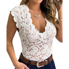 Women Floral Lace Shirt Short Sleeve V-neck Tops Mesh Hollow Sheer Vest Blouse