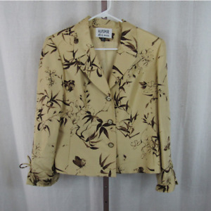Kasper A.S.L Petite 14P 100% Silk Tan Brown Floral Collared Blazer Jacket Coat