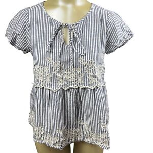 womens savanna jane small blue white stripe emroidered floral baby doll top