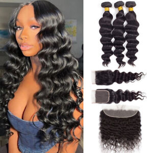 10A Human Hair Loose Deep Wave Bundles with Closure 13×4 Lace Frontal Remy Hair