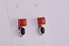 Sterling Silver 20mm x 11mm Red Coral Black Onyx 925 Post Stud Earrings
