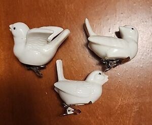 (3) Vintage Bird Ornaments Clip On White Ceramic Three Miss Match