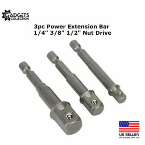 3pc Power Extension Bar Hex Shank Socket Adapter Drill Bit Set 1/4