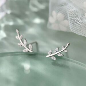 925 Sterling Silver Tiny Leaves Olive Leaf Dainty Minimalist Women Stud Earrings