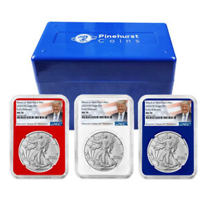2024 (W) $1 American Silver Eagle 3pc Set NGC MS70 ER Trump Label Red White Blue