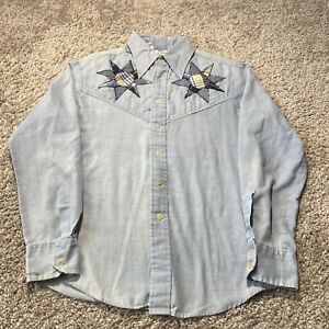 True Vintage 70s Kennington Button Up Star Quilted Shirt Blue Western Chambray