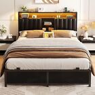 Full Size Bed Frame with Upholstered Headboard Storage ,Power Outlets LED Lights