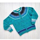 Vintage 90s Eagles Eye Cardigan Sweater Mohair Teal Green Fair Isle Hand Knit M