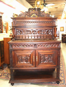French Antique Chestnut Wood Britany Marble Top Server Sideboard  Buffet c 1880