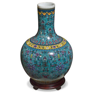 US Seller - Dark Teal Blue Imperial Chinese Porcelain Temple Vase