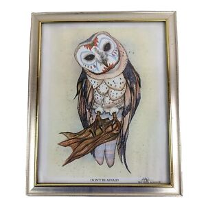 Michael Rohner Framed Ink Drawing Owl Sitting On Branch Print