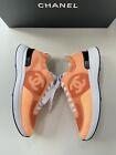 Chanel Denim Suede Calfskin Neon Orange CC Logo Trainers Sneakers 36.5 NIB