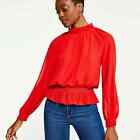 Ann Taylor Women’s Red Pleated Smocked Waist Long Sleeve Blouse Size Medium