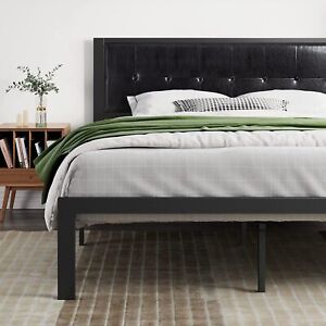 Faux Leather King Size Bed Frame with Button Tufted Square Stitched Headboard