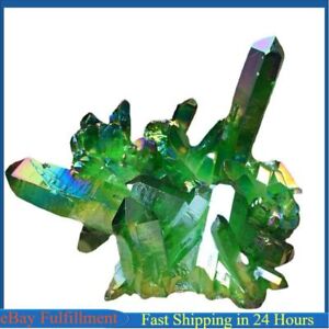 Large Natural Aura Green Titanium Gemstone Quartz Crystal Cluster Rough Healing