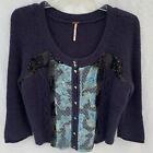 Free People M Wool Button Up 3/4 Sleeve Crop Cardigan Sweater Sequin Front Top
