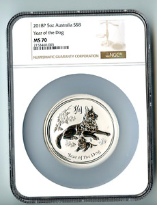 New Listing2018-P Australia $8 Silver Year of the Dog MS-70 NGC! PERFECT RARE! 5 OUNCES N/R