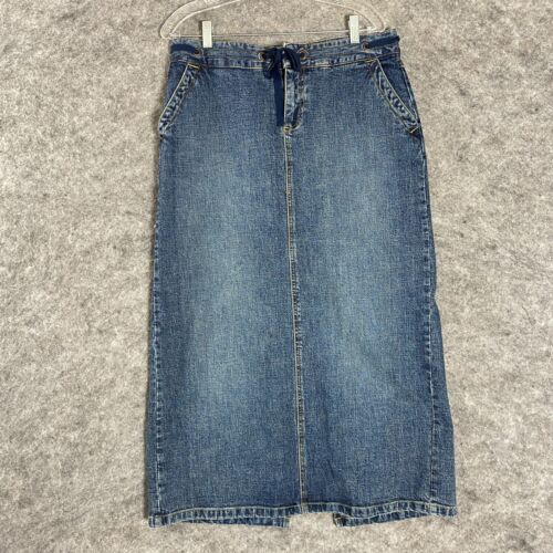 Vintage Old Navy Long Denim Jean Skirt Size 10 Back Slit Rope Belt Rivets