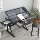 Drafting Table Adjustable Tempered Glass Art Craft Drawing Work Station w/ Stool