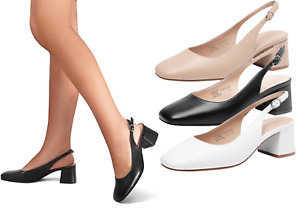 Women Low Chunky Block Heel Square Toe Slip On Slingback Dress Pump Shoes