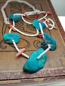 Antique Navajo Turquoise & Spiny Oyster Fetish Heishi Necklace -Buy3ShipFree