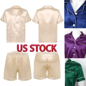 US Men's Silk Satin Pajamas Set Top Shorts Casual Sport Fitness Sleepwear Outfit